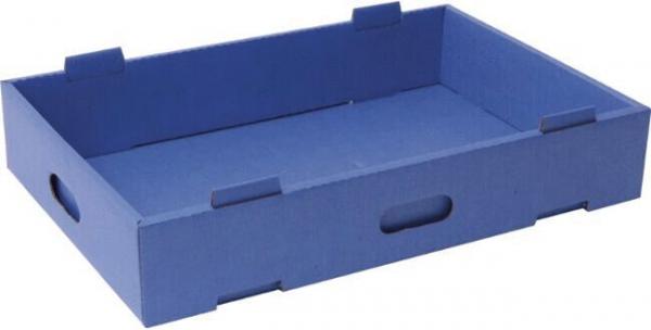 Das Bild zeigt eine rechteckige, blaue Aufbewahrungsbox aus Karton. Sie hat zwei seitliche Griffe und ist offen, mit leicht erhöhten Rändern. Die Fläche ist leer und glatt.