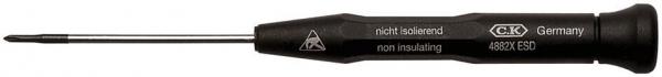 The image shows a screwdriver with a black handle and a long, narrow metal tip. The tip has a cross-shaped opening for screws.