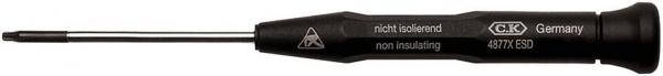 The image shows a black screwdriver with a long, thin metal head and a non-slip handle. The handle has an ergonomic shape and is labeled.