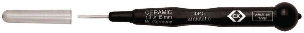 The image shows a slim, black screwdriver with a ceramic head and a round handle. The head is narrow and has a transparent protective cap.