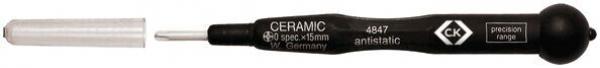 The image shows a black screwdriver with a long, thin, metallic head. The handle is thick and round, with a rubberized surface for better grip.