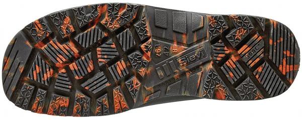 The image shows the sole of a shoe. It is predominantly black with a non-slip tread. Some areas are speckled orange, which provides grip. The structure is variable with different patterns.