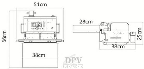 Das Bild zeigt technische Zeichnungen eines Geräts. Oben ist eine Frontansicht, die Maße sind 51 cm Breite, 66 cm Höhe und 38 cm Tiefe. Rechts ist die Seitenansicht mit weiteren Maßen.