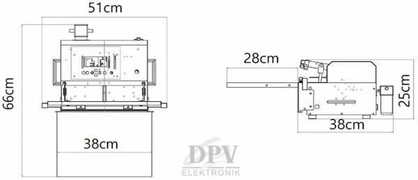 Das Bild zeigt technische Zeichnungen eines Geräts mit den Maßen 51 cm (B) x 66 cm (H) x 38 cm (T). Es gibt auch eine Seitenansicht, die 28 cm tief und 25 cm hoch ist.