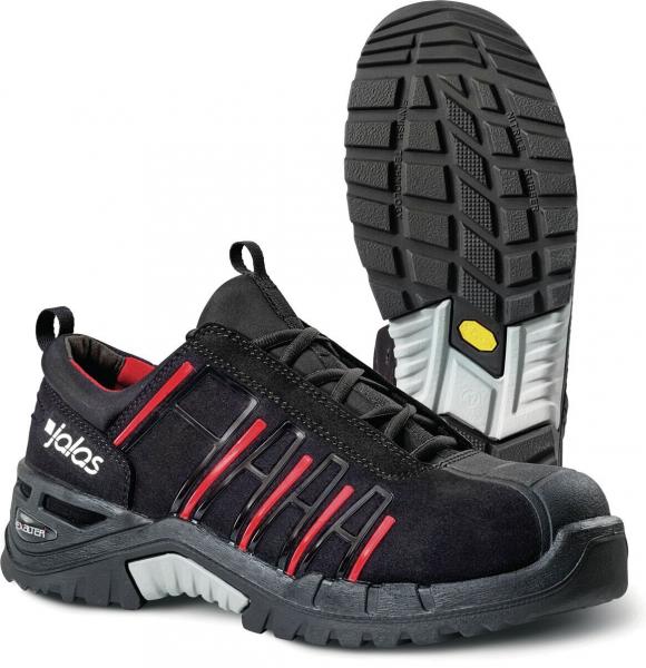 Das Bild zeigt einen stabilen, schwarzen Sicherheitsschuh mit roten Akzenten. Die Sohle ist rutschfest und hat ein tiefes Profil für guten Halt. Der Schuh bietet Schutz für die Zehen.