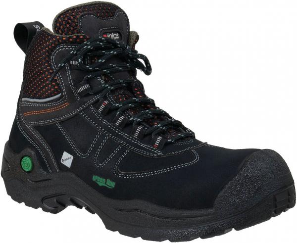 The image shows a black, ankle-high hiking boot with orange accents. It has a rugged sole and reinforced toe cap, ideal for rough terrain. The laces are black.