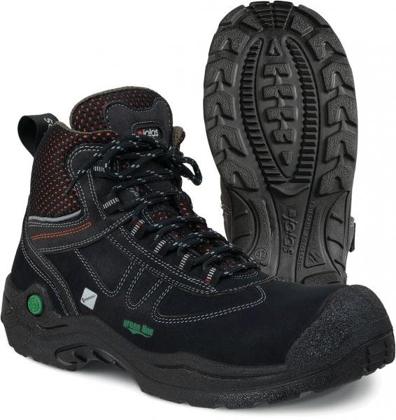 The image shows a black hiking boot with orange accents. The shoe features a high-top design for ankle protection, sturdy laces, and a grippy, textured sole.
