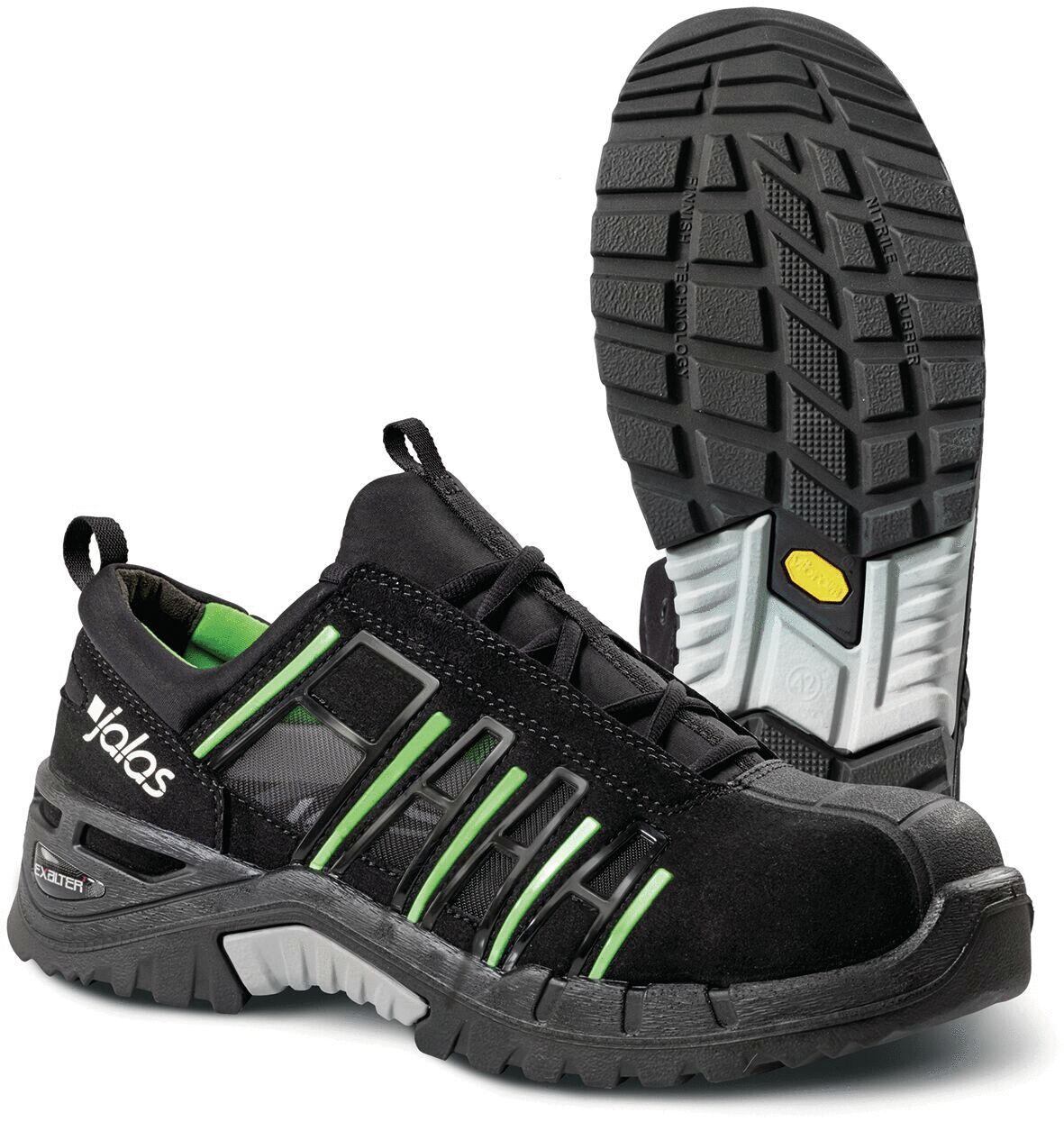 The image shows a black safety shoe with green accents. It has a sturdy rubber sole with a textured profile and reinforced toes for added protection.