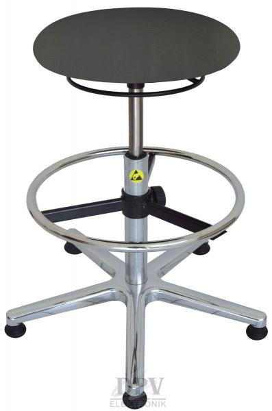 The image shows an adjustable stool with a round, black seat. The base is made of chromed metal and has five casters for mobility. A ring in the middle provides stability.