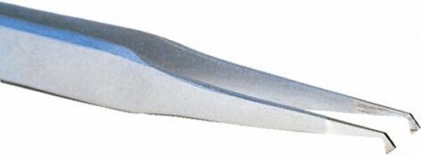 The image shows a sharp, metallic tweezer. It has two narrow, tapering ends and a slightly curved handle, suitable for precise gripping.