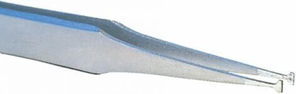 The image shows a pointed tweezer made of shiny metal. It has two long, narrow prongs that taper and come together at the tip. The surface is smooth.