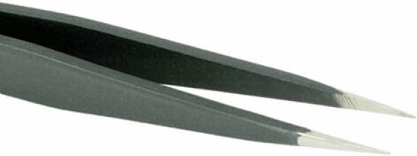The image shows a pointed tweezer with long, narrow tongs that are slightly converged at the top. It has a matte, black surface and a sharp metal tip.