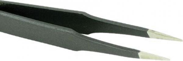 The image shows a black tweezer with pointed, narrow tips. It has a flat, elongated shape and is commonly used for grasping small objects.