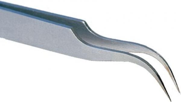 The image shows a sharp, metallic tweezer with two curved ends, used for gripping small objects. It has a shiny surface and a slender shape.