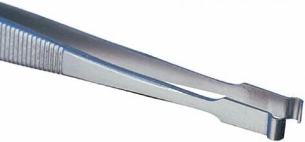 The image shows a silver metal tweezer with flat, pointed tips. The grip areas are ridged for better hold. It is narrow and slightly curved.
