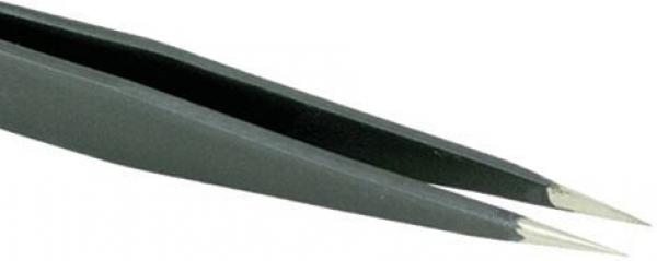 The image shows a narrow, black tweezer with pointed ends. It is slightly curved and perfect for gripping small objects.