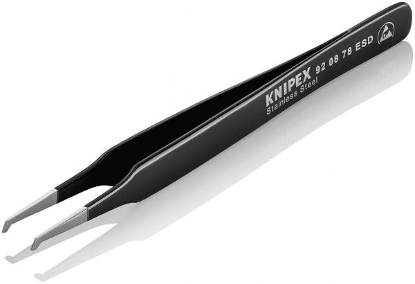 The image shows a black stainless steel tweezer. It features two long, pointed tips and a straight shape. On the side, the brand name "KNIPEX" and a model number are displayed.