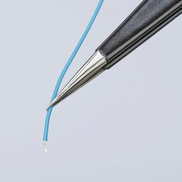 The image shows a fine, blue wire line being held by a sharp pair of pliers. The wire is slightly bent and visible at its end. The background is bright and solid-colored.