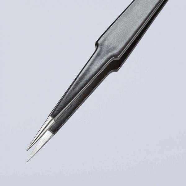 The image shows a pointed, black tweezer. It has narrow, sharp ends and a slim, straight shape that is well-suited for grasping small objects.