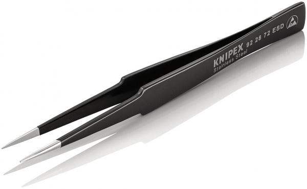 The image displays a black stainless steel tweezer. It has pointed tips and a smooth surface. On one of the sides, the inscription "KNIPEX" along with the model number is present.