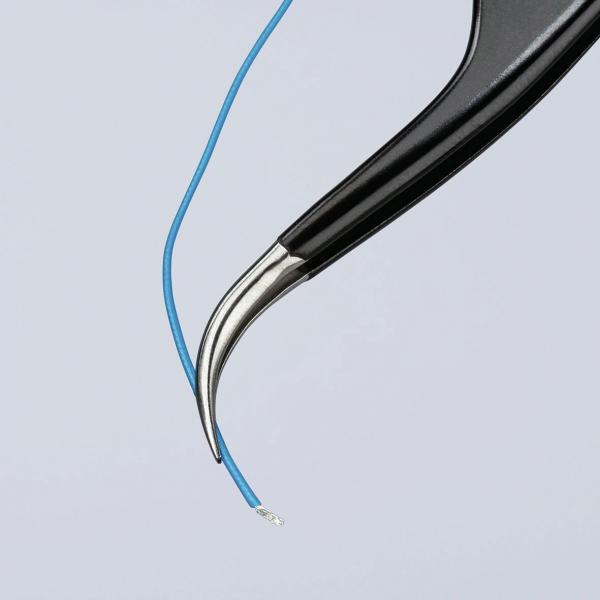 The image shows a pair of tweezers with a black handle. It is holding a thin blue wire that is slightly bent. The background is light and unobtrusive.
