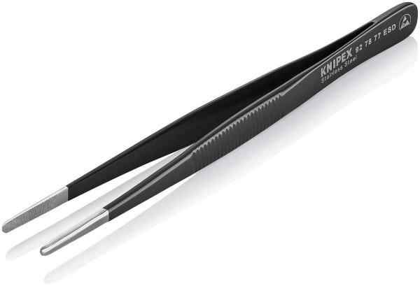 The image shows a black tweezer with two pointed ends. It is slim and has a ridged surface for better grip. The brand "Knipex" is embossed on the side.