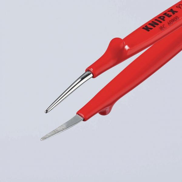 The image shows a red precision pliers with two different, narrow tips. The plier tips are metallically shiny, and the handles are designed to be grippy.