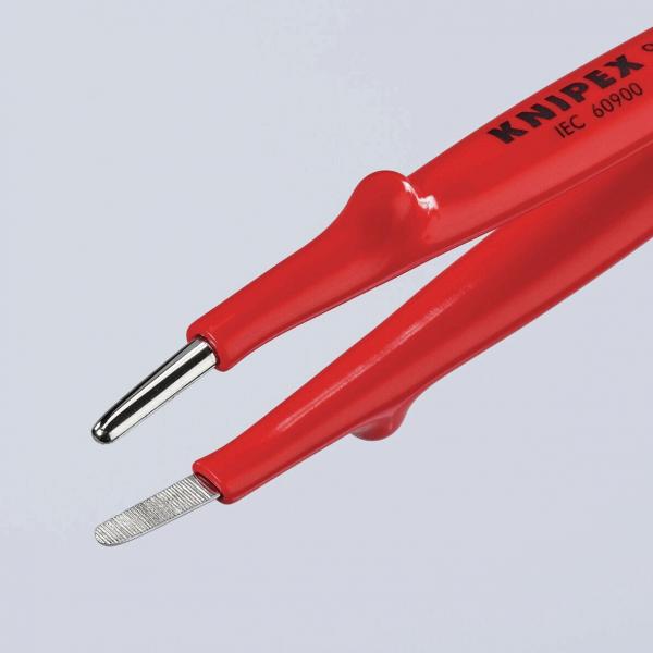 The image shows a red pair of pliers with two different ends: one is pointed and smooth, the other flat with a textured surface. The pliers have a smooth surface and are ergonomically shaped.