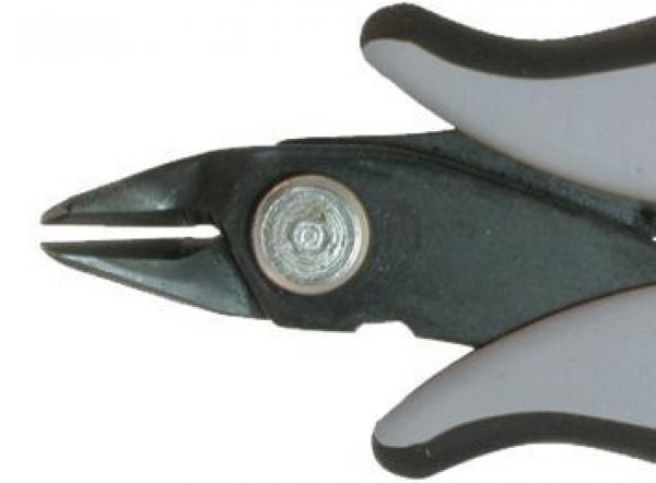 The image shows the tip of a pair of pliers with two curved handles. The tip of the pliers is pointed and slightly open, with a round screw in the middle. The colors are primarily black and gray.