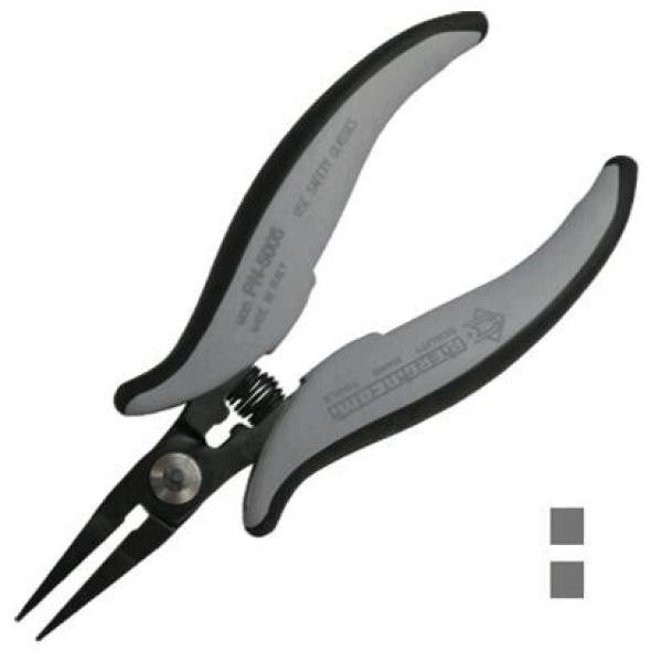The image shows a pair of pliers with long, narrow jaws and ergonomic, gray-black handles. It is versatile, ideal for precise tasks. The pliers feature a spring mechanism.