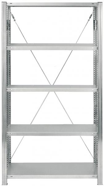 The image displays a sturdy, metallic shelving system with five horizontal shelves. The shelves are open and supported by vertical rods. Diagonal braces provide additional stability.