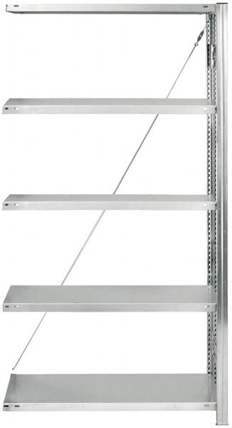 The image shows a simple, open shelf with four horizontal shelves. It has a silver metal structure and is secured on one side by a diagonal brace.