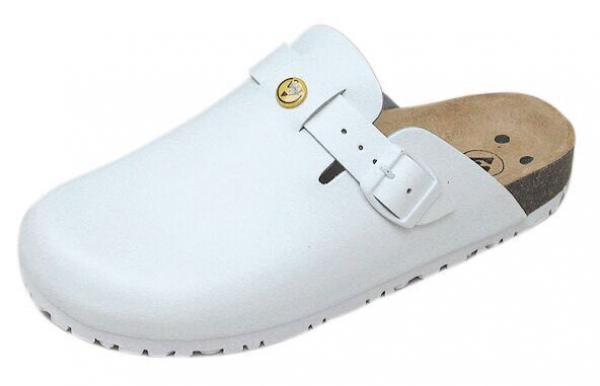 The image shows a white clog shoe. It has a flat sole, a closed front area, and a wide strap with a gold-colored buckle on the top. The insole is dark.