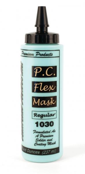The image shows a bottle with greenish contents and a black lid. The label has the text "P.C. Flex Mask" and includes information for use as a premium soldering and coating mask.