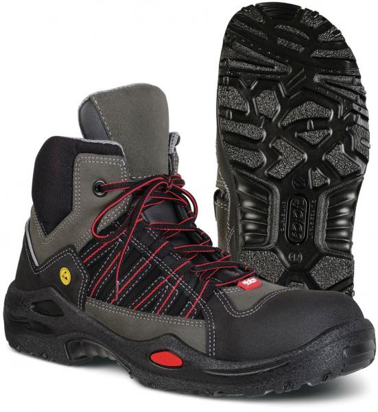 Das Bild zeigt einen grauen Halbstiefel mit schwarzem und rotem Design. Die Sohle hat ein grobes Profil für besseren Halt. Er wirkt robust und eignet sich gut für Outdoor-Aktivitäten.