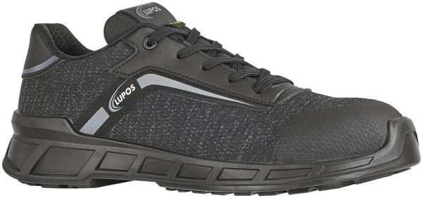 The shoe is a sporty, black sneaker with a textured surface. It has a flat, non-slip sole and gray details on the upper as well as laces.