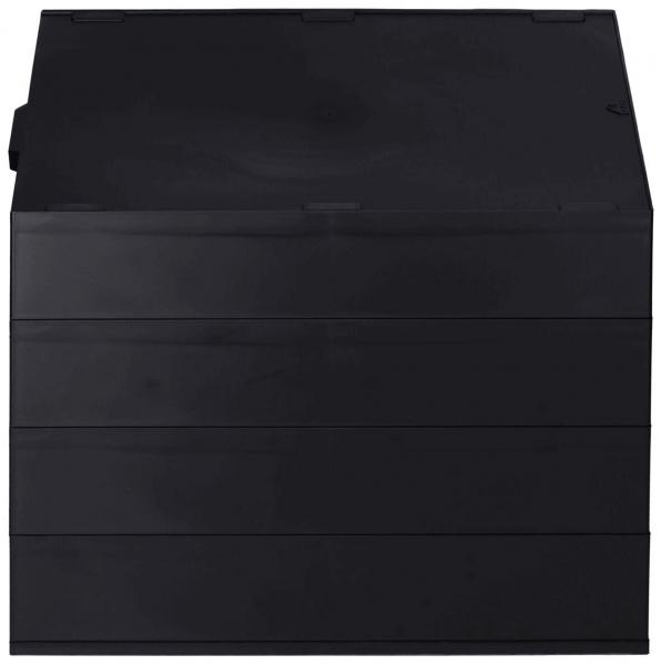 Das Bild zeigt eine schwarze, flache Box mit einem leicht geneigten Deckel. Die Box hat mehrere horizontale Rillen und erscheint schlicht und funktional.