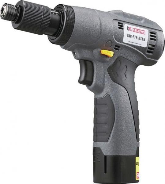 The image shows a gray cordless drill with a black attachment. It features a handle with a yellow trigger button and an elongated, round end suitable for screws.