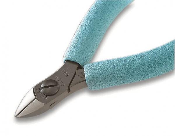 The image shows a pair of pliers with blue, rubberized handles. The pliers have a narrow, pointed cutting edge, designed for precise work. They appear sturdy and easy to handle.