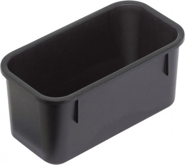The image shows a rectangular container made of black plastic. It has rounded corners and is open, with smooth interior walls. The sides are slightly raised.