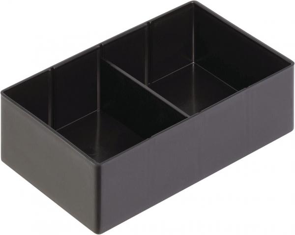 The image shows a rectangular, black plastic storage box. It has two interior compartments of equal size and is designed simply.