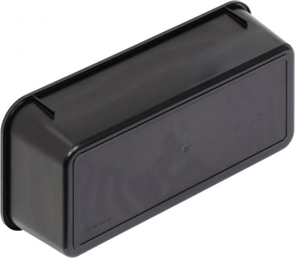 Das Bild zeigt eine längliche, schwarze Kunststoffbox mit abgerundeten Ecken. Die Oberfläche ist glatt und unifarben. Es gibt keine erkennbaren Griffe oder spezielle Muster.