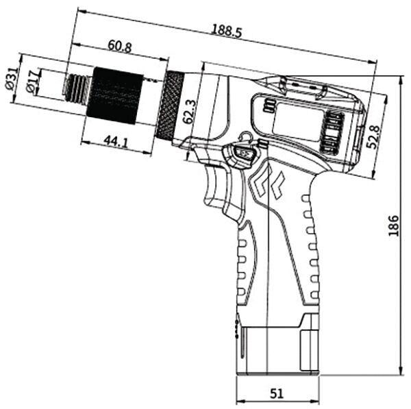 The image displays a technical drawing of a cordless screwdriver. It features an ergonomic handle, a front attachment holder, and dimensions specifying length and width.