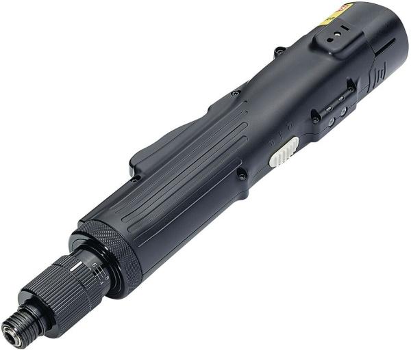 The image shows a black electric screwdriver. It has an elongated shape with several grooves, a rotating head at the end, and buttons on the side for operation.