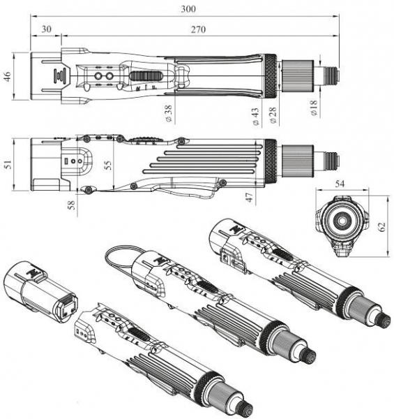 The image displays a technical drawing of a tool. It includes various views, including side, top, and bottom views, as well as dimensions in millimeters. The body has a textured surface with buttons.