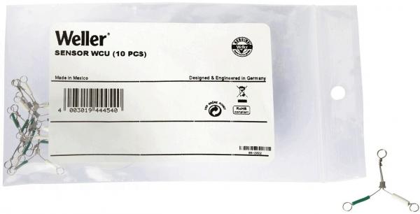 The image shows a transparent plastic bag with a white label that reads "Weller SENSOR WCU (10 PCS)." Inside are several small, silver sensors with green accents.