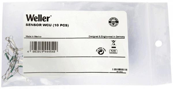 The image shows a transparent plastic bag with a white label. It reads "Weller SENSOR WCU (10 PCS)" and a barcode number. The bag contains small, metallic sensors.