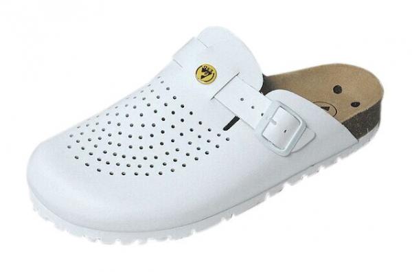 Der Schuh ist ein weißer Clog mit mehreren kleinen Löchern für Belüftung. Er hat einen breiten Riemen mit einer Schnalle und eine gepolsterte Innensohle. Die Sohle ist robust und rutschfest.