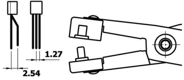The image displays a technical drawing. On the left are two components with pins, whose dimensions are specified (1.27 mm and 2.54 mm). On the right, a tool is depicted, likely a plier mechanism, with details on its use.