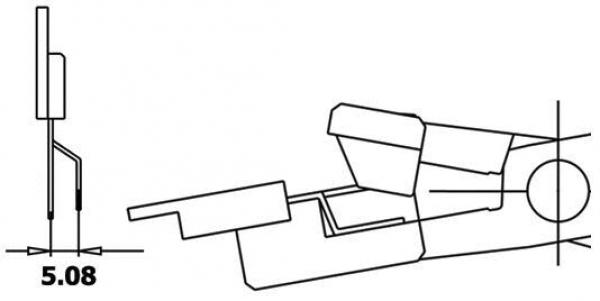 Das Bild zeigt eine technische Zeichnung. Links ist eine seitliche Ansicht eines Objekts mit einem kleinen Stift. Rechts sieht man eine Draufsicht auf ein flaches Element, das schräg liegt.